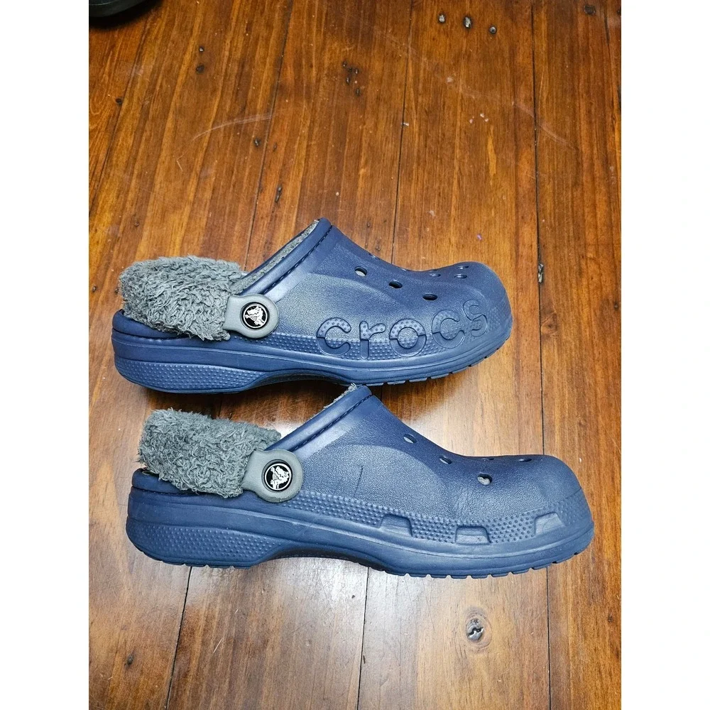 Crocs Baya Lined Navy Blue Grey Faux Fur Clogs Mens 7 Womens 9 Winter Slippers